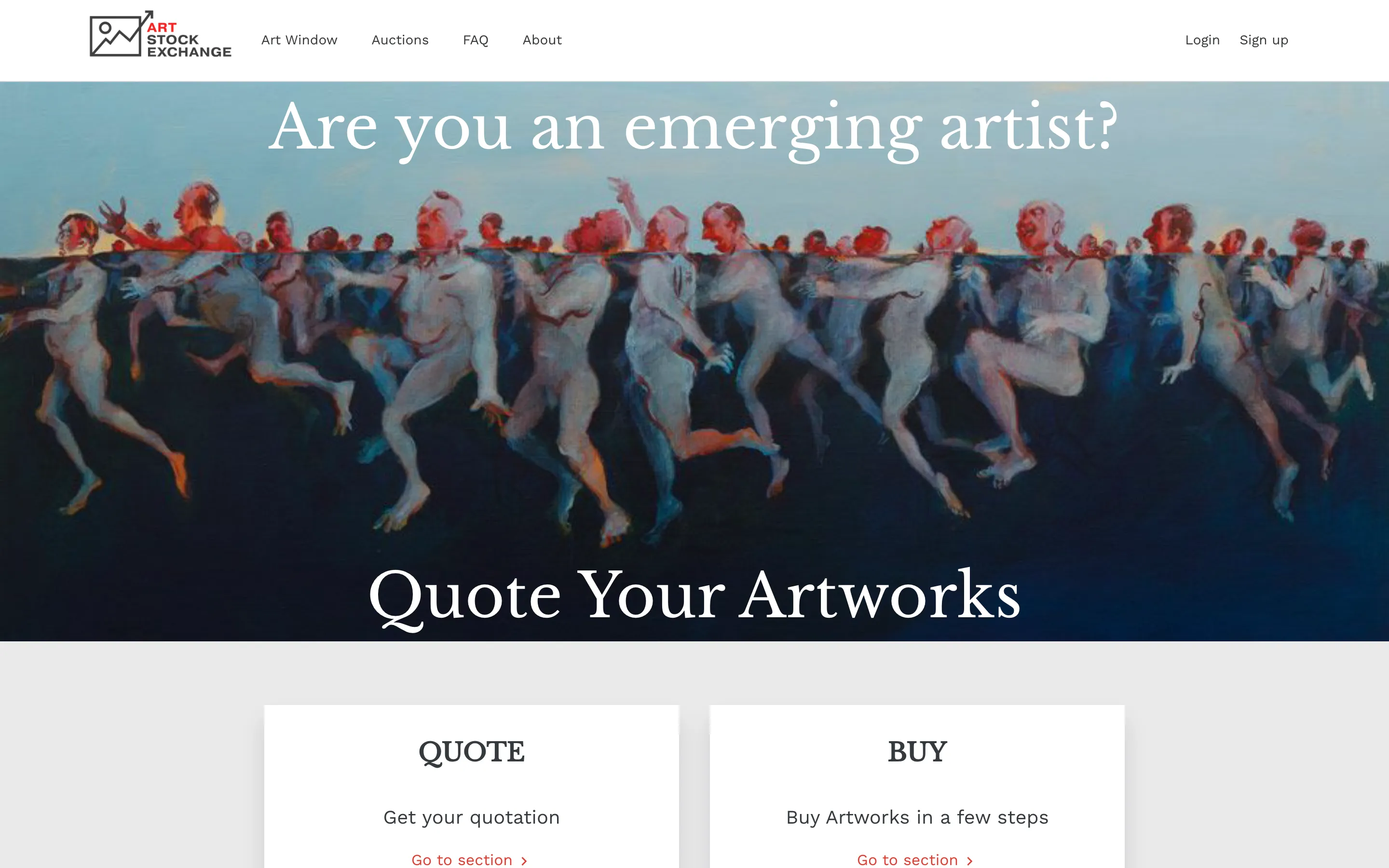 The Art Stock Exchange landing page, with a painting spanning the hero above Quote and Buy entry points.
