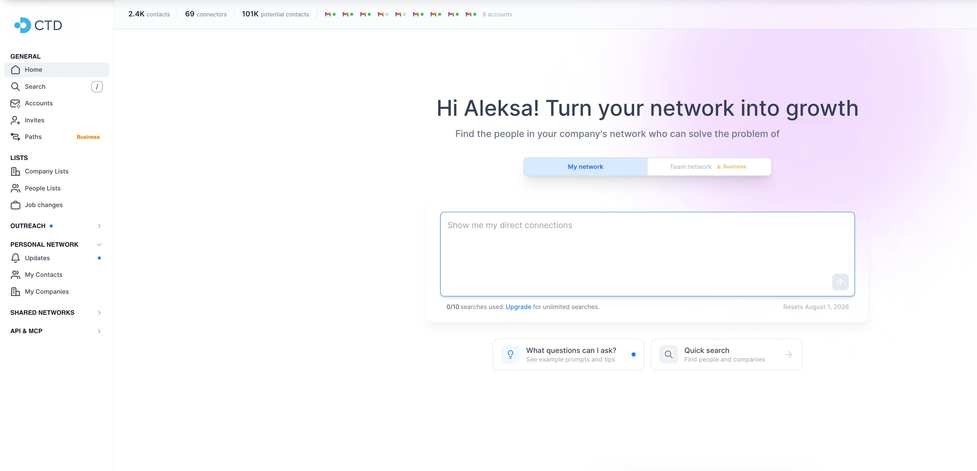 The Connect The Dots web app, with its network sidebar beside a search prompt for finding people across a company's network.