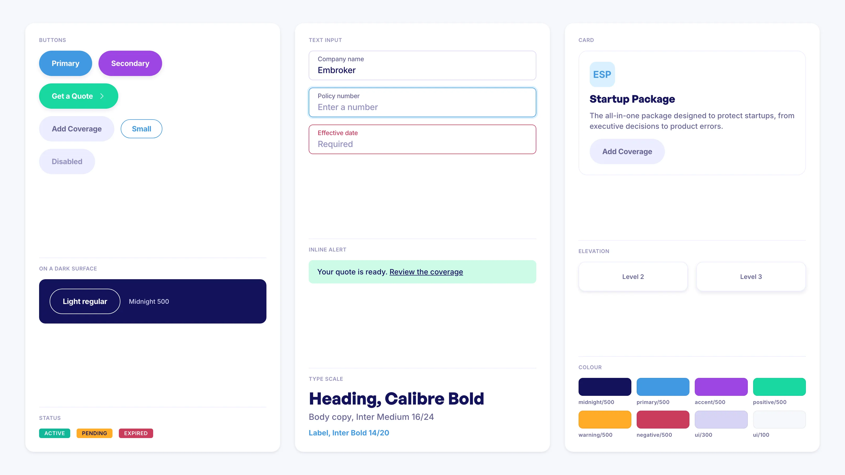 A sheet of Mileva components rendered from the design system's own tokens: pill buttons, text inputs with focus and error states, status chips, an inline alert, a coverage card, elevation levels and the colour palette.