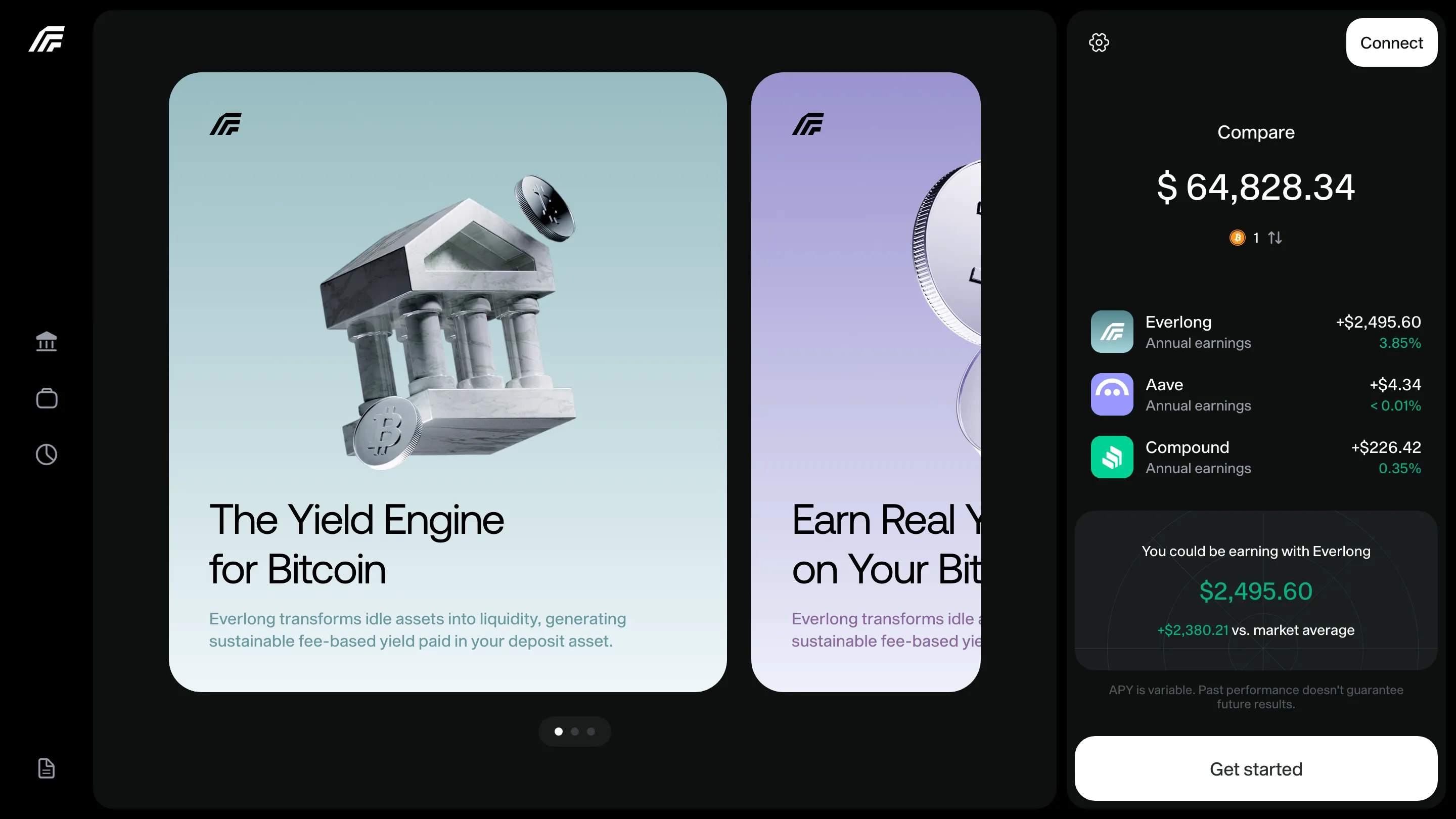 The Everlong app's welcome screen, beside a panel comparing the annual earnings on a Bitcoin deposit against other lending protocols.