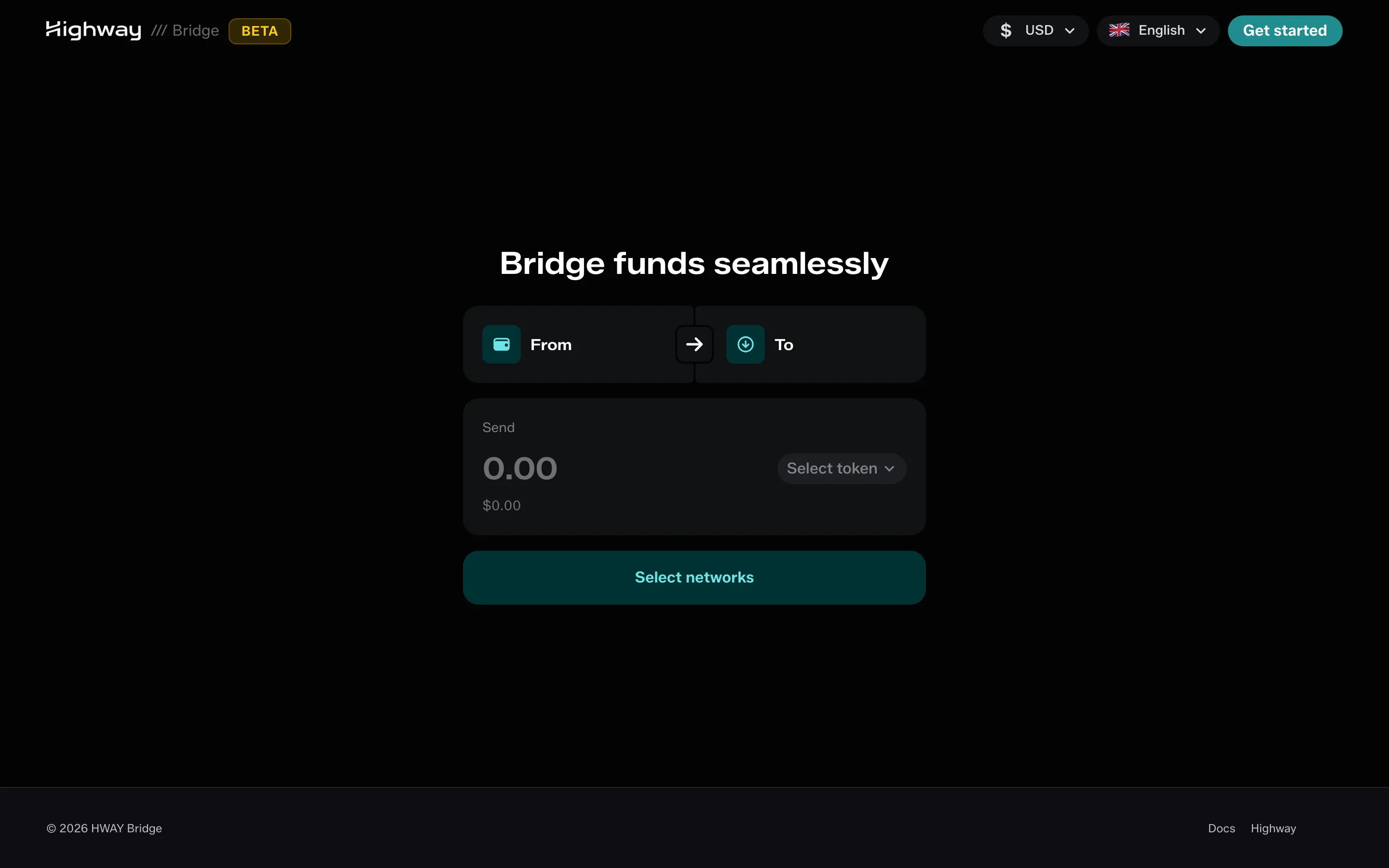 The HWAY Bridge transfer form, with source and destination chain pickers above an amount field and a Select networks button.