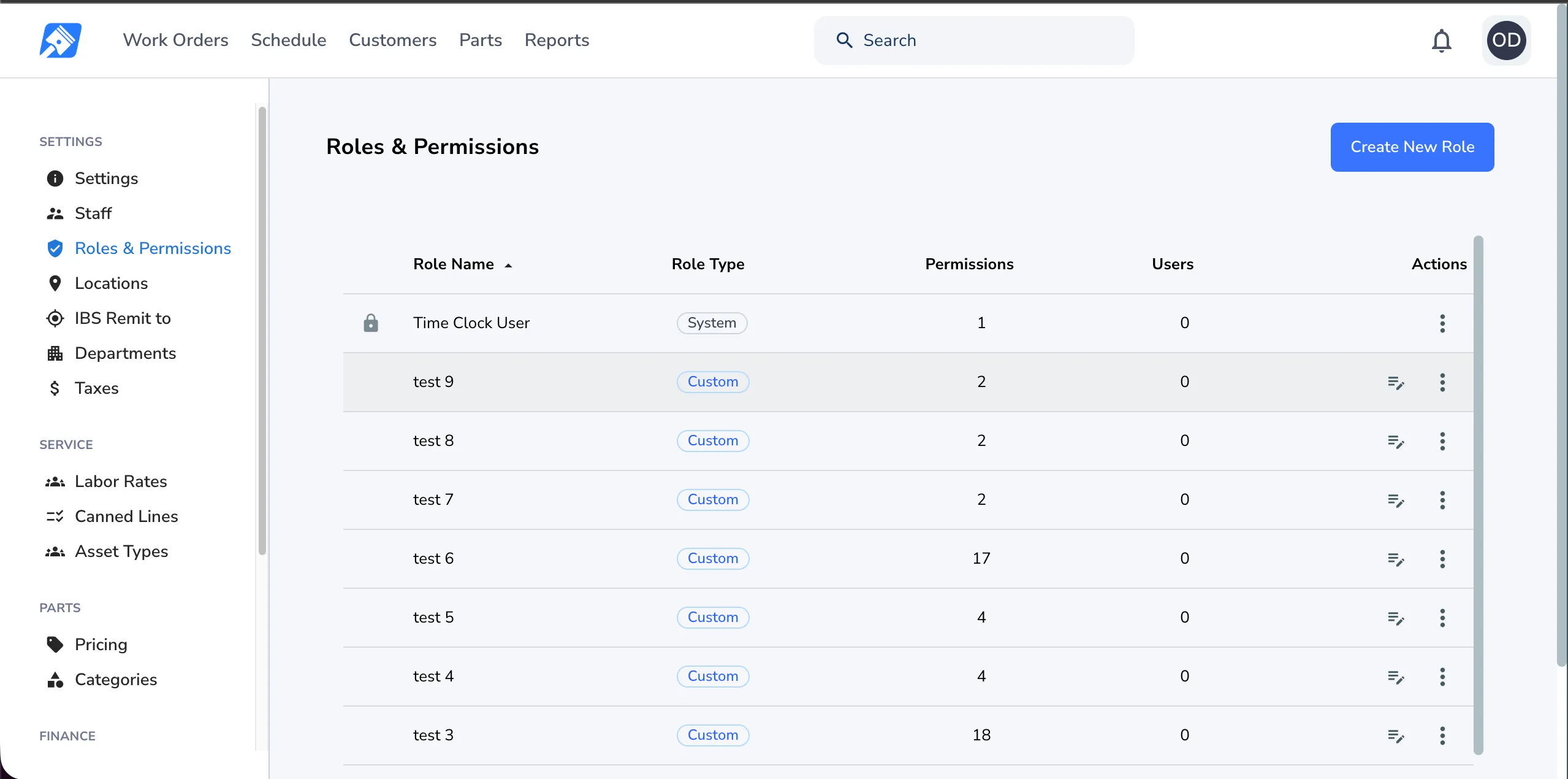 The ShopView settings area showing the Roles and Permissions table, listing each role with its type, permission count and assigned users.